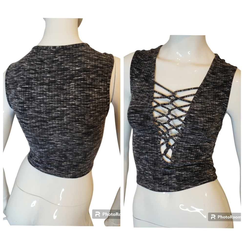 Forever 21 Lace Up  Cut Out 90s Y2K Space Dye Not See Through Ribbed Crop Top